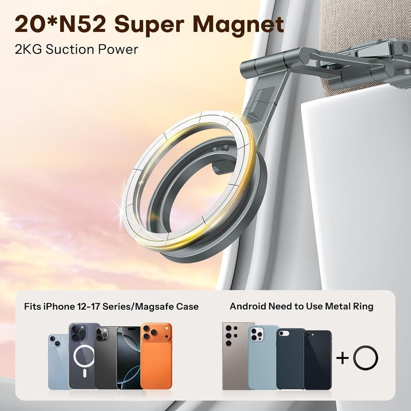 Omoton حامل ثلاثي القوائم دوار 360° مع مغناطيس MagSafe، حامل هاتف مغناطيسي من الألمنيوم قابل للتعديل لجهاز iPhone 17/16/15/14 Pro Max Air، حامل هاتف قابل للطي يناسب الفلوغ، وصالة الألعاب الرياضية، واحتياجات السفر، رمادي - Image 2